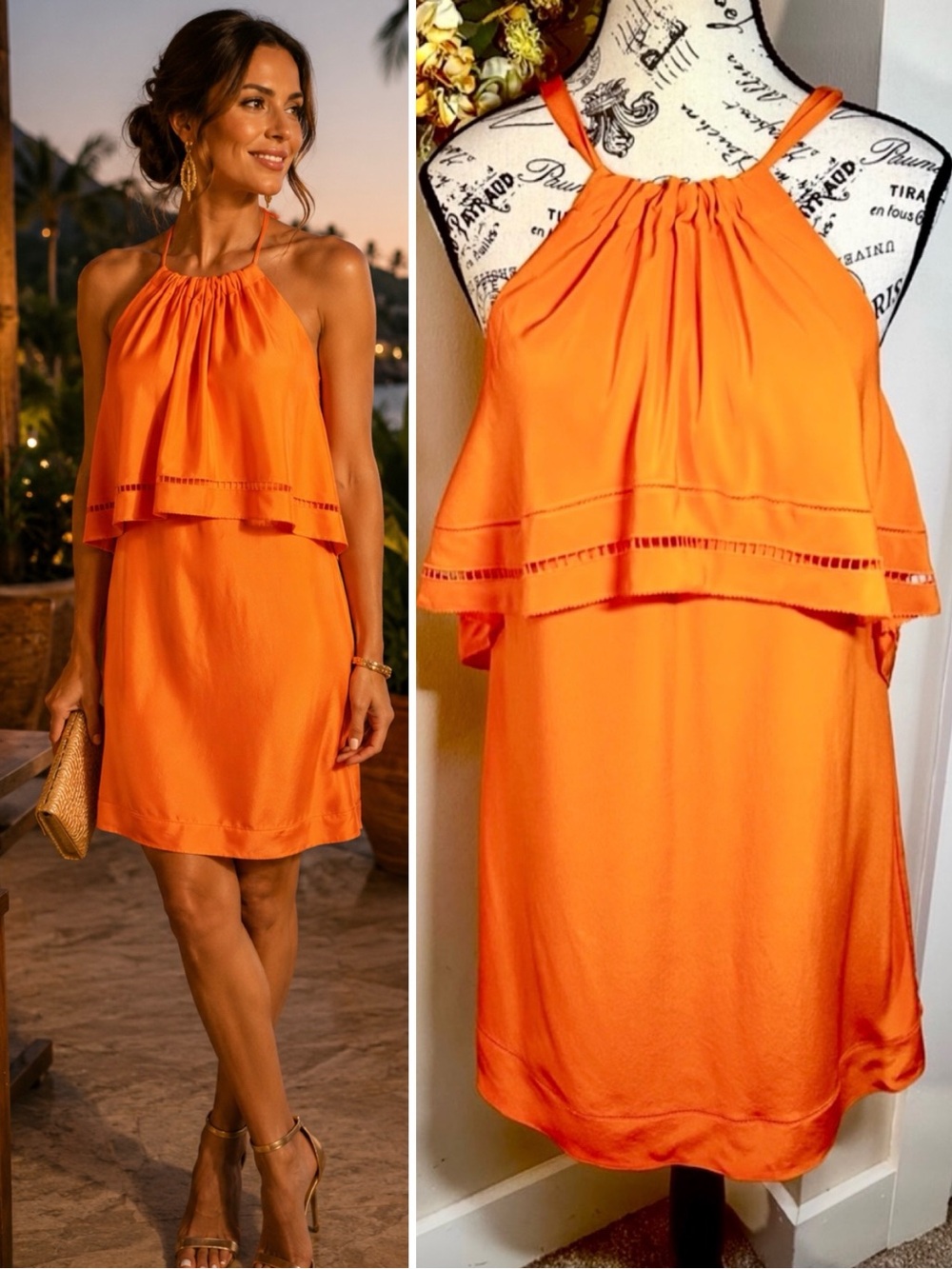 Trina Turk Caliente Orange Silk Halter Dress  Ruffle Tiered Shift Size 0💛